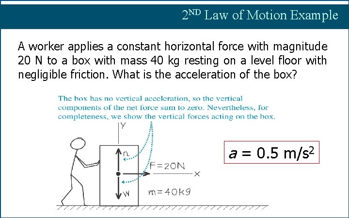 2 ND Law of Motion Example A worker applies a constant horizontal force with