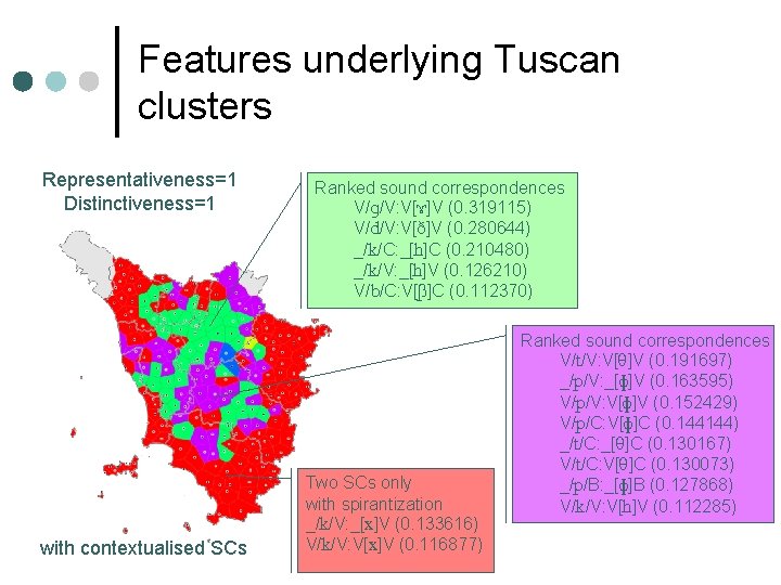 Features underlying Tuscan clusters Representativeness=1 Distinctiveness=1 with contextualised SCs Ranked sound correspondences V/g/V: V[