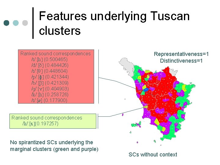 Features underlying Tuscan clusters Ranked sound correspondences /t/: [h] (0. 500465) /d/: [ ]