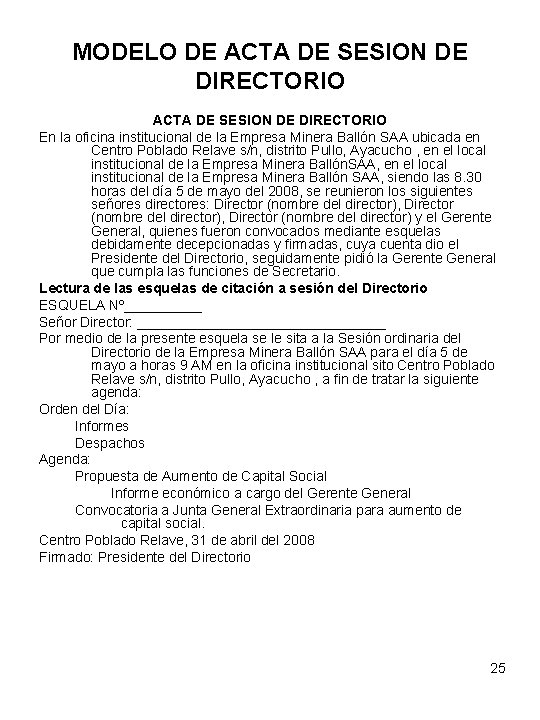 MODELO DE ACTA DE SESION DE DIRECTORIO En la oficina institucional de la Empresa