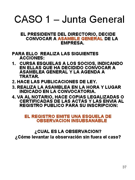 CASO 1 – Junta General EL PRESIDENTE DEL DIRECTORIO, DECIDE CONVOCAR A ASAMBLE GENERAL