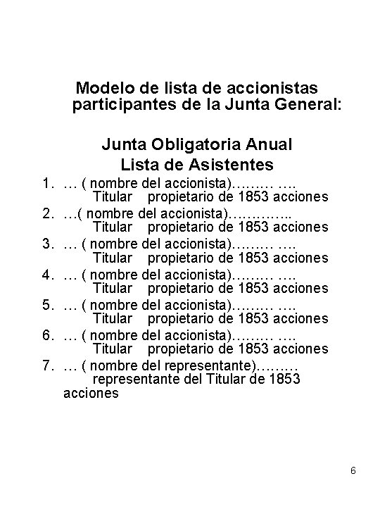 Modelo de lista de accionistas participantes de la Junta General: Junta Obligatoria Anual Lista