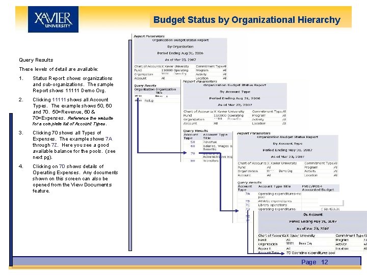 Budget Status by Organizational Hierarchy Query Results These levels of detail are available: 1.