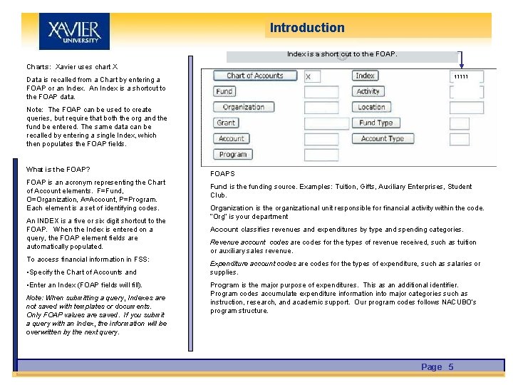 Introduction Index is a short cut to the FOAP. Charts: Xavier uses chart X