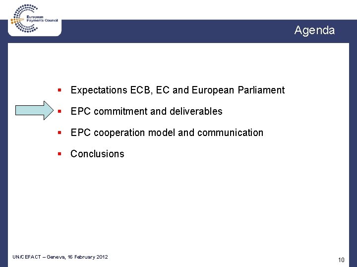 Agenda § Expectations ECB, EC and European Parliament § EPC commitment and deliverables §