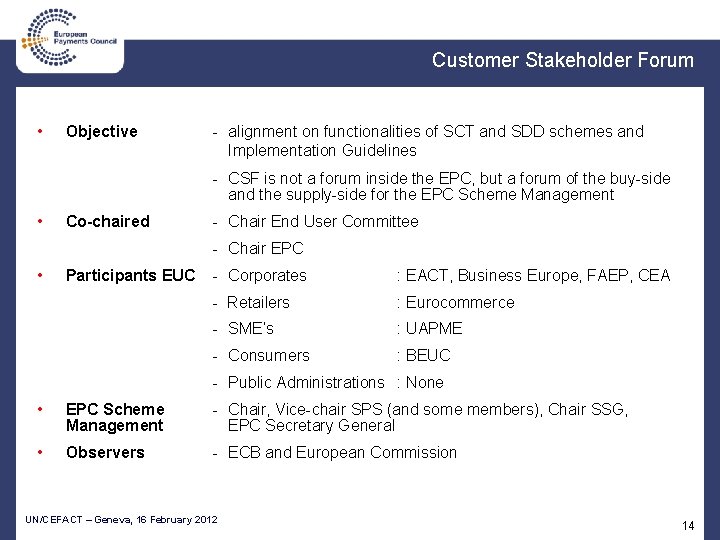 Customer Stakeholder Forum • Objective - alignment on functionalities of SCT and SDD schemes