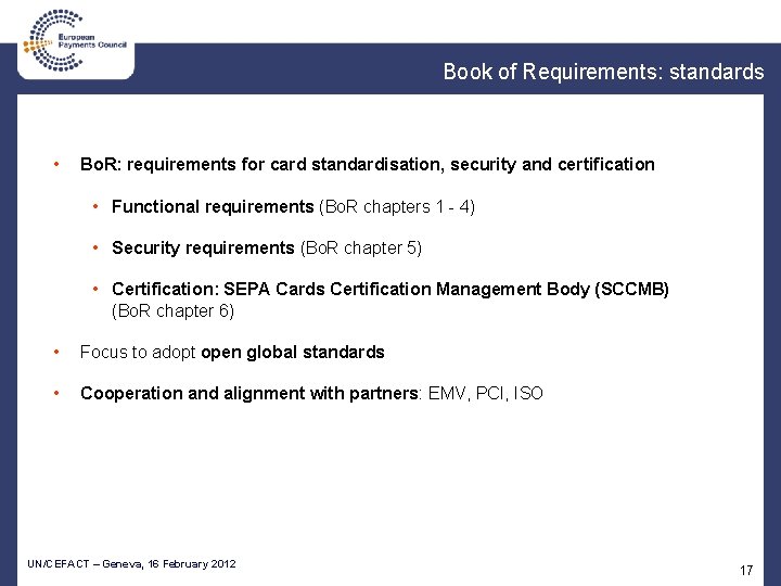 Book of Requirements: standards • Bo. R: requirements for card standardisation, security and certification