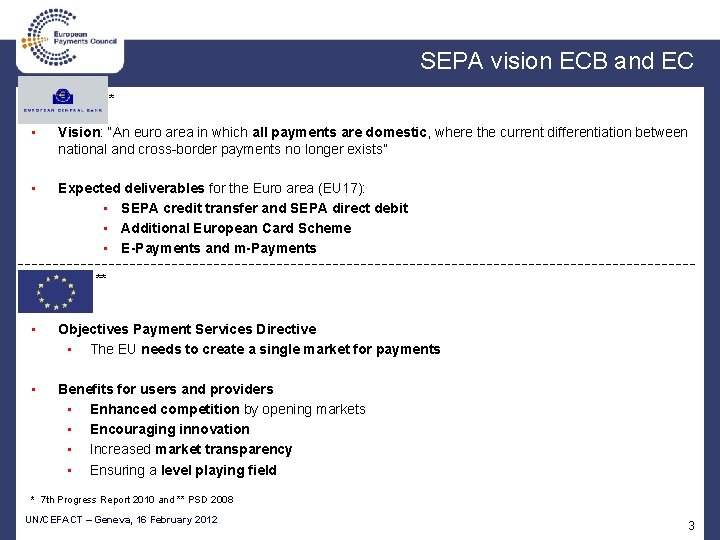 SEPA vision ECB and EC * • Vision: “An euro area in which all