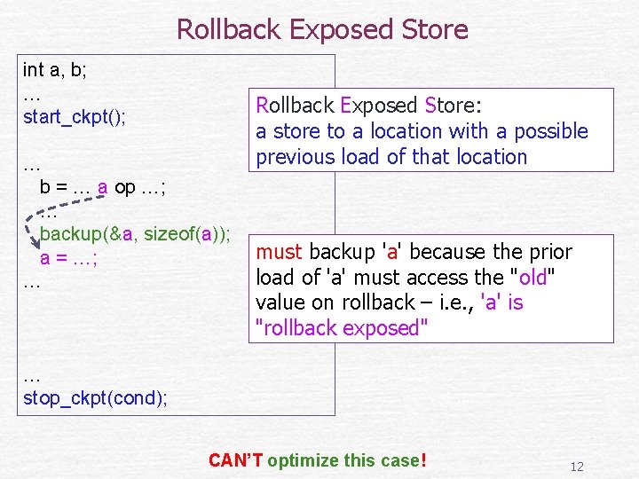 Rollback Exposed Store int a, b; … start_ckpt(); … b = … a op