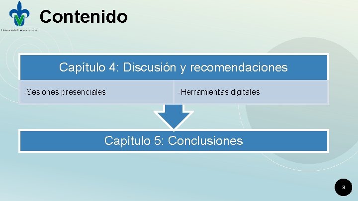 Contenido Capítulo 4: Discusión y recomendaciones -Sesiones presenciales -Herramientas digitales Capítulo 5: Conclusiones 3