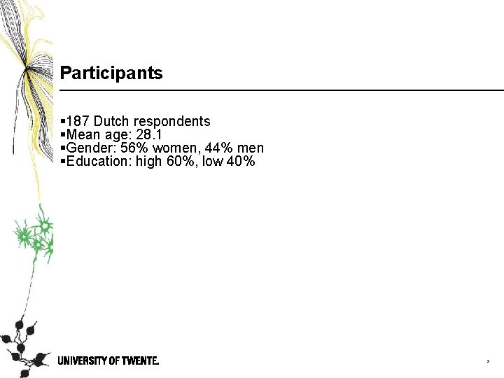 Participants § 187 Dutch respondents §Mean age: 28. 1 §Gender: 56% women, 44% men