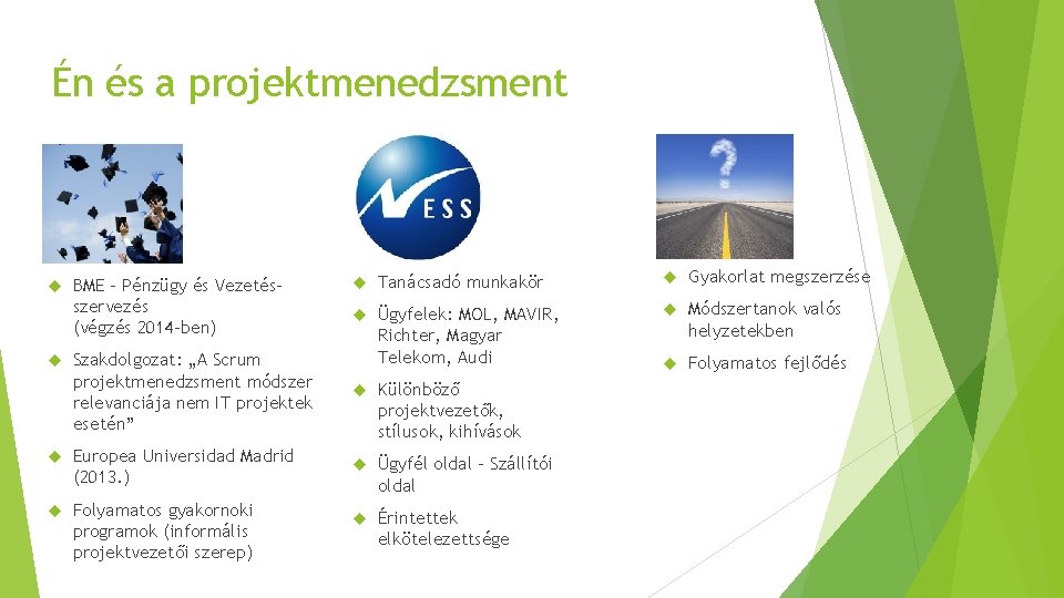 Én és a projektmenedzsment BME - Pénzügy és Vezetésszervezés (végzés 2014 -ben) Tanácsadó munkakör