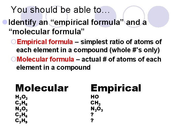 You should be able to… l Identify an “empirical formula” and a “molecular formula”