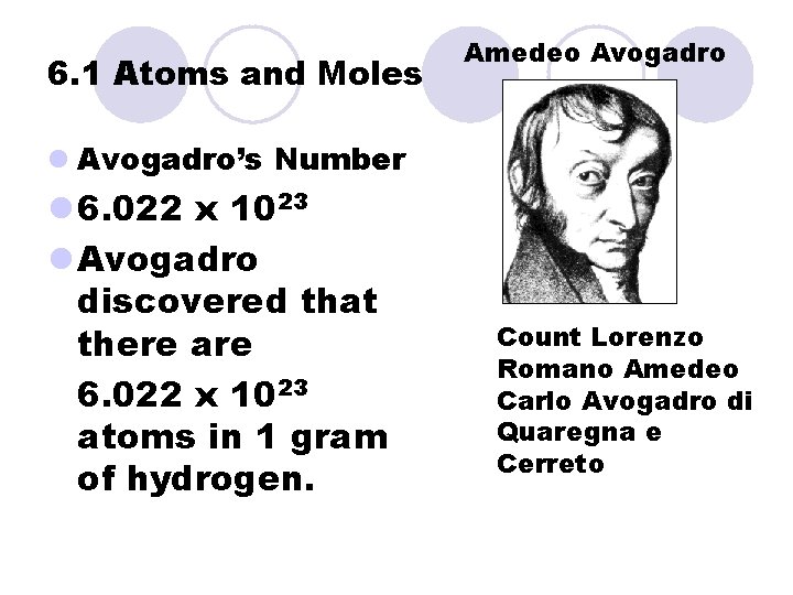 6. 1 Atoms and Moles Amedeo Avogadro l Avogadro’s Number l 6. 022 x