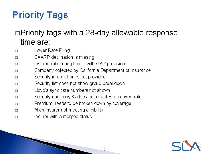 Priority Tags � Priority tags with a 28 -day allowable response time are: �