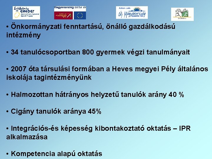  • Önkormányzati fenntartású, önálló gazdálkodású intézmény • 34 tanulócsoportban 800 gyermek végzi tanulmányait