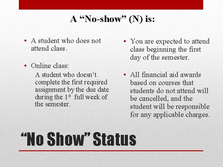 A “No-show” (N) is: • A student who does not attend class. • Online A “No-show” (N) is: • A student who does not attend class. • Online