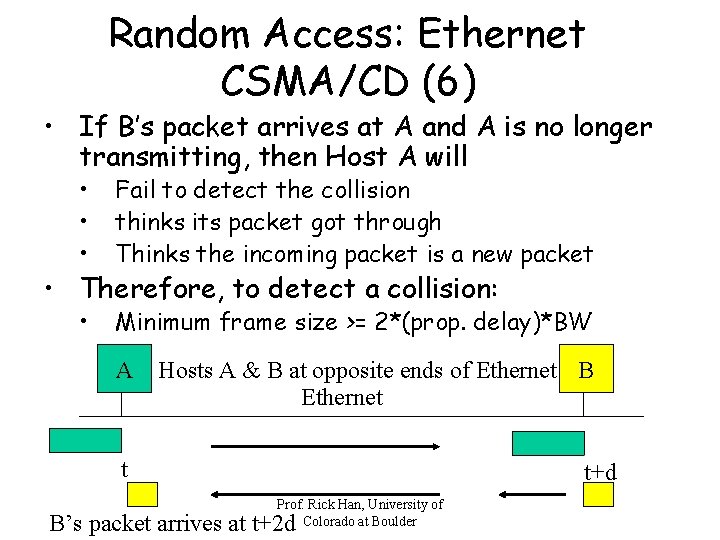 Random Access: Ethernet CSMA/CD (6) • If B’s packet arrives at A and A