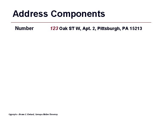 Address Components Number 123 Oak ST W, Apt. 2, Pittsburgh, PA 15213 Copyright –