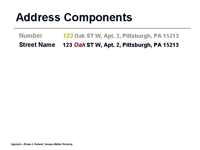 Address Components Number Street Name 123 Oak ST W, Apt. 2, Pittsburgh, PA 15213