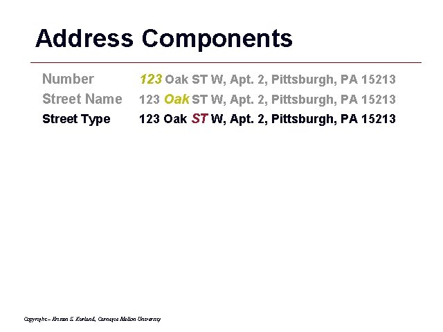 Address Components Number Street Name 123 Oak ST W, Apt. 2, Pittsburgh, PA 15213