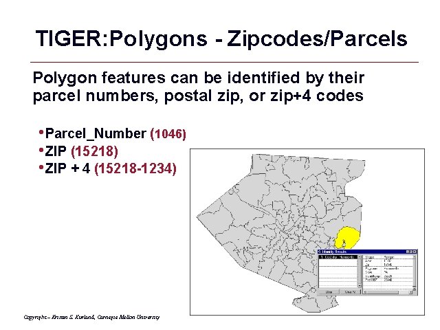 TIGER: Polygons - Zipcodes/Parcels Polygon features can be identified by their parcel numbers, postal
