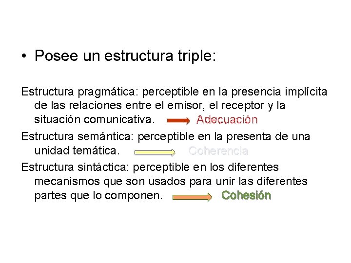  • Posee un estructura triple: Estructura pragmática: perceptible en la presencia implícita de