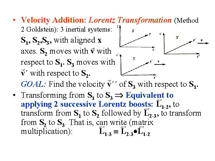  • Velocity Addition: Lorentz Transformation (Method 2 Goldstein): 3 inertial systems: S 1,