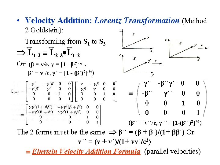  • Velocity Addition: Lorentz Transformation (Method 2 Goldstein): Transforming from S 1 to