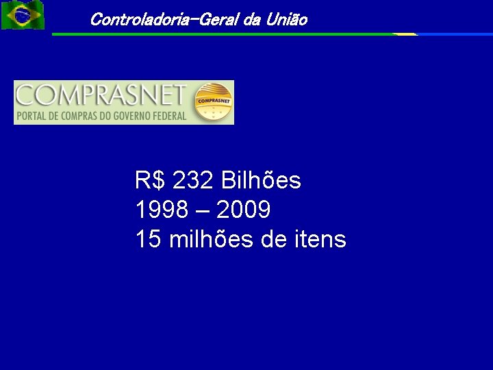 Controladoria-Geral da União R$ 232 Bilhões 1998 – 2009 15 milhões de itens 