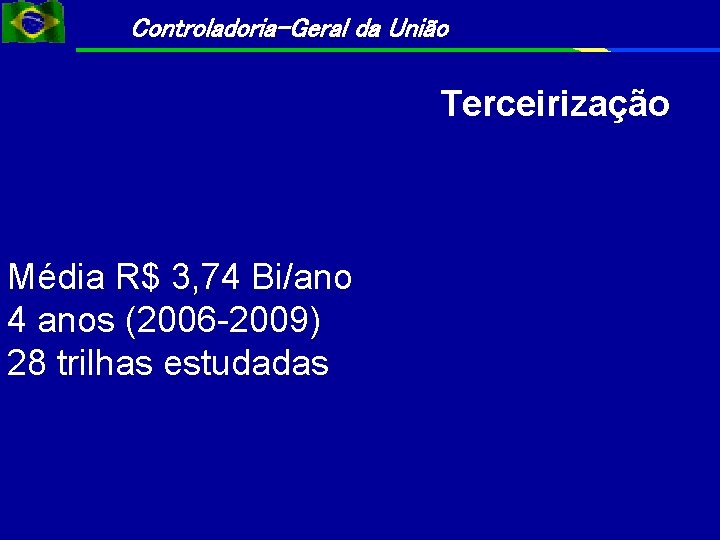 Controladoria-Geral da União Terceirização Média R$ 3, 74 Bi/ano 4 anos (2006 -2009) 28