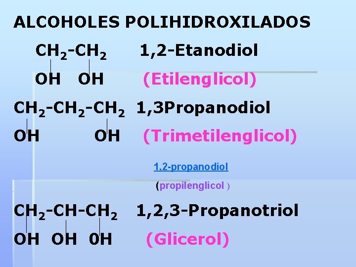 ALCOHOLES POLIHIDROXILADOS CH 2 -CH 2 1, 2 -Etanodiol OH (Etilenglicol) OH CH 2