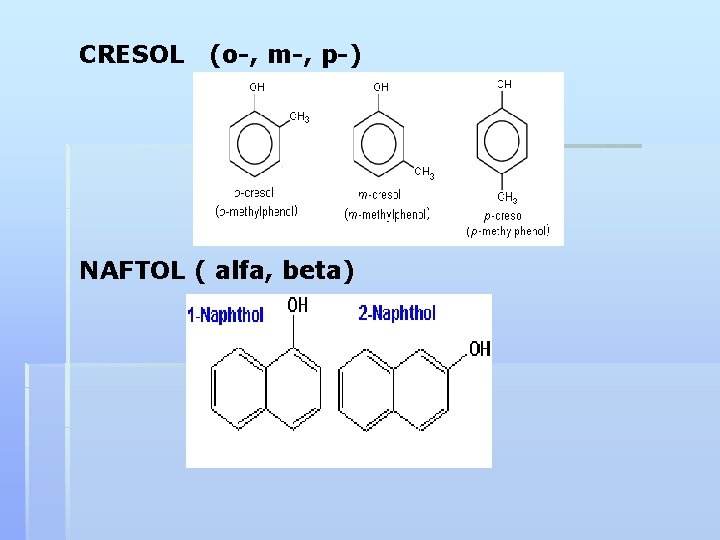 CRESOL (o-, m-, p-) NAFTOL ( alfa, beta) 