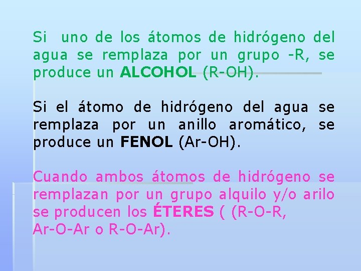 Si uno de los átomos de hidrógeno del agua se remplaza por un grupo