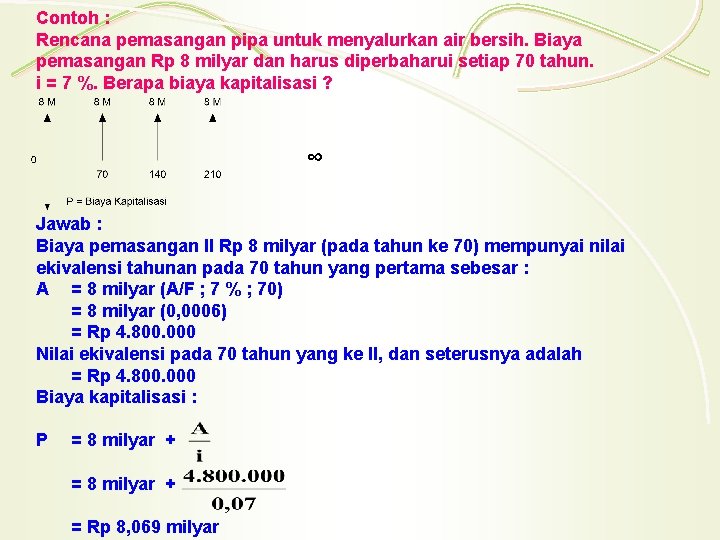 Contoh : Rencana pemasangan pipa untuk menyalurkan air bersih. Biaya pemasangan Rp 8 milyar