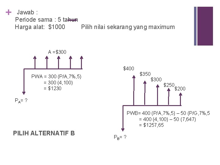 + Jawab : Periode sama : 5 tahun Harga alat: $1000 Pilih nilai sekarang