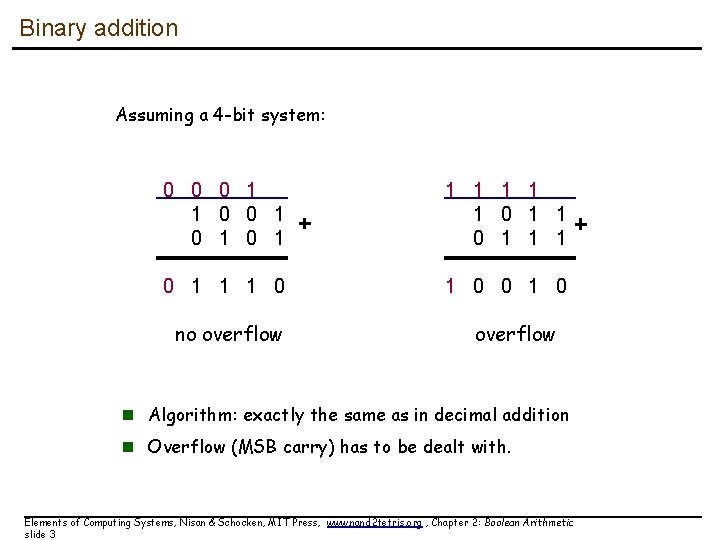 Binary addition Assuming a 4 -bit system: 0 0 0 1 1 0 0