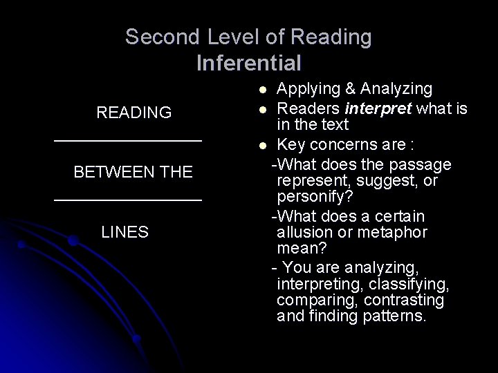 Second Level of Reading Inferential READING ________ BETWEEN THE ________ LINES Applying & Analyzing