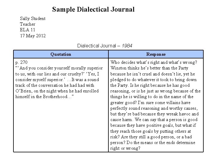 Sample Dialectical Journal Sally Student Teacher ELA 11 17 May 2012 Dialectical Journal –