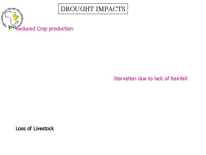 DROUGHT IMPACTS Reduced Crop production Starvation due to lack of Rainfall Loss of Livestock