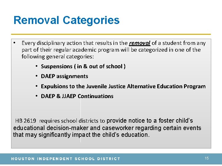 Removal Categories • Every disciplinary action that results in the removal of a student