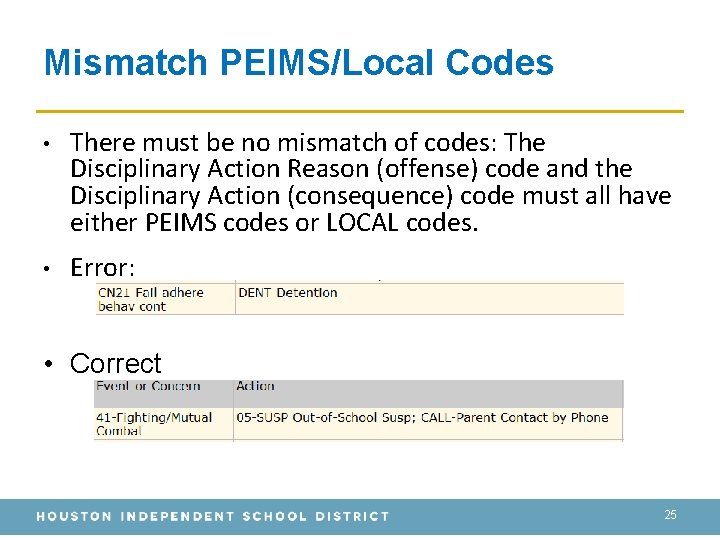 Mismatch PEIMS/Local Codes • There must be no mismatch of codes: The Disciplinary Action