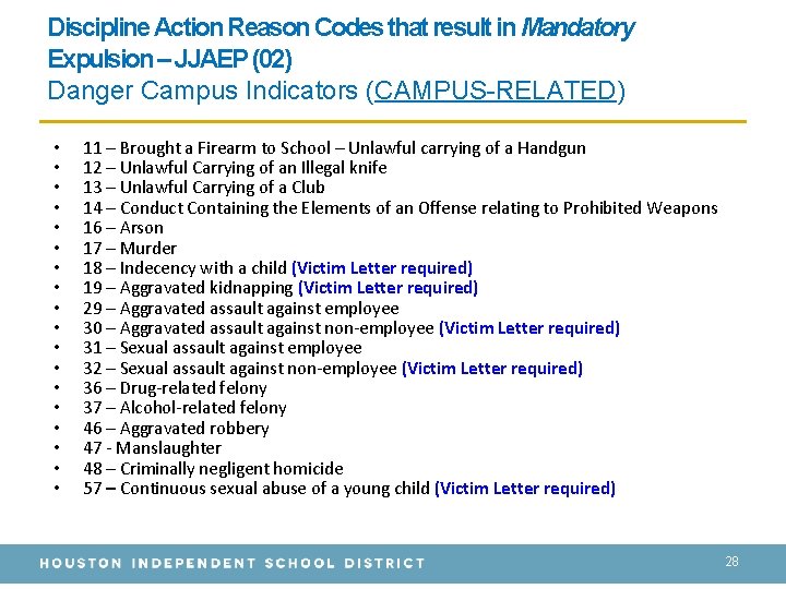Discipline Action Reason Codes that result in Mandatory Expulsion – JJAEP (02) Danger Campus