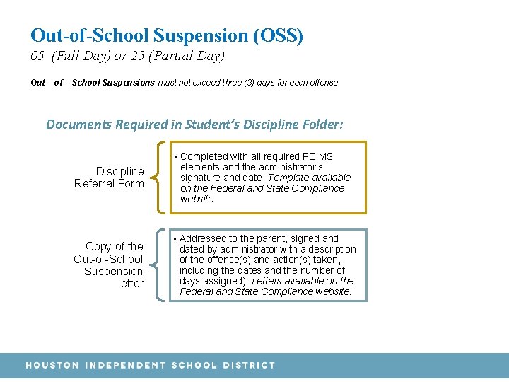 Out-of-School Suspension (OSS) 05 (Full Day) or 25 (Partial Day) Out – of –
