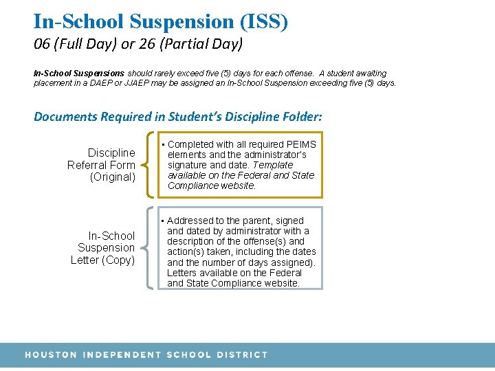 In-School Suspension (ISS) 06 (Full Day) or 26 (Partial Day) In-School Suspensions should rarely