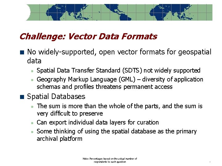 Challenge: Vector Data Formats No widely-supported, open vector formats for geospatial data Spatial Data