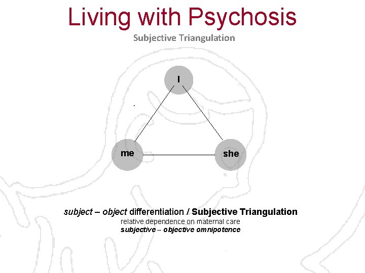 Living with Psychosis Subjective Triangulation I • me she subject – object differentiation /