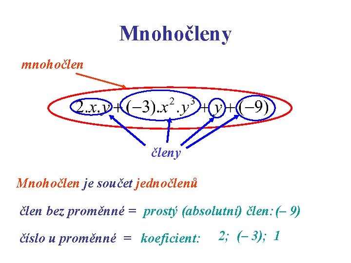 Mnohočleny mnohočleny Mnohočlen je součet jednočlenů člen bez proměnné = prostý (absolutní) člen: (–