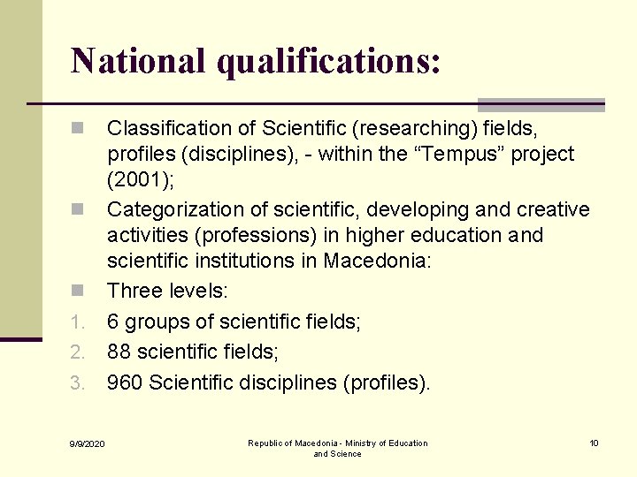 National qualifications: Classification of Scientific (researching) fields, profiles (disciplines), - within the “Tempus” project