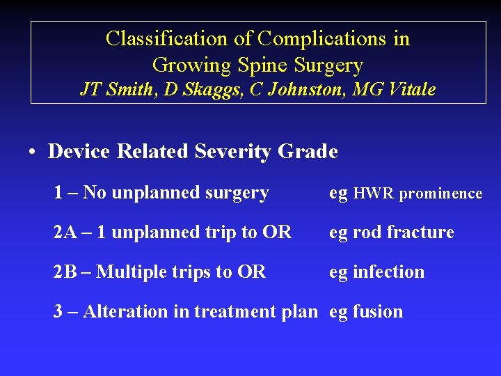 Classification of Complications in Growing Spine Surgery JT Smith, D Skaggs, C Johnston, MG